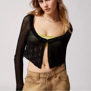 URBAN OUTFITTERS Lily Open-Knit Flyaway Cardigan Black Crochet Knit Sweater Goth